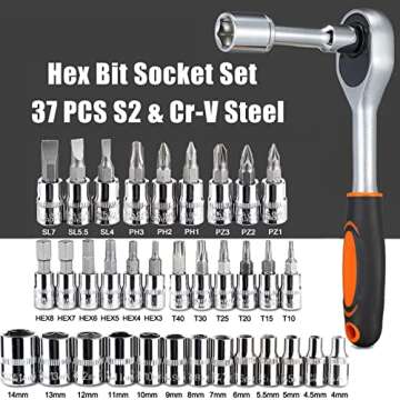 VEHIMACH Drive Socket Set, SAE and Metric Hex Bit Socket Set, Ratchet Wrench Set with S2 & CR-V Sockets, Mechanic Tool Kits for Auto Repair Household