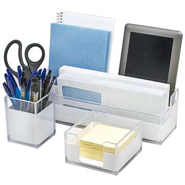 Sorbus Acrylic Desk Organizers Set – 3-Piece, Includes Desk Organizer Caddy, Memo Tray and Pen Cup, Modern Desk Accessories Organizer Great for Home or Office, White Clear (Desk Organizer Set)