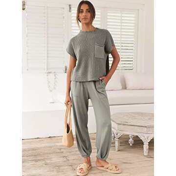 ANRABESS Women's Two Piece Outfits Knit Sweater Vest Crop Top Pants Lounge Matching Tracksuit Sweatsuit Travel Clothes Sets Light Grey Medium