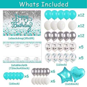 Happy Birthday Decorations Teal Balloon Garland for Girls Birthday Teal and silver Glitter Backdrop ...
