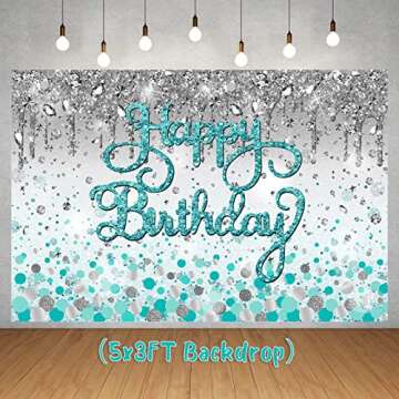 Happy Birthday Decorations Teal Balloon Garland for Girls Birthday Teal and silver Glitter Backdrop Teal Blue Balloons Garland Kit and Teal Dot Disposable Tablecloth