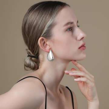 Apsvo Earrings Dupes for Women, Chunky Gold Hoop Earrings, Hypoallergenic Lightweight Hollow Open Teardrop Earring Trendy Jewelry (35mm gold&silver set)