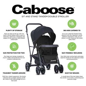 Joovy Caboose Sit and Stand Double Stroller with Rear Bench and Standing Platform, 3-Way Reclining Seats, Optional Rear Seat, and Universal Car Seat Adapter (Black)