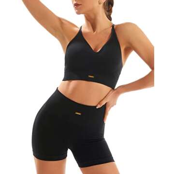 FRESOUGHT Workout Sets for Women 2 Piece Ribbed Yoga Outfits Sports Bra Seamless Gym High Waisted Biker Shorts Set Black M