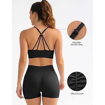 FRESOUGHT Workout Sets for Women 2 Piece Ribbed Yoga Outfits Sports Bra Seamless Gym High Waisted Biker Shorts Set Black M