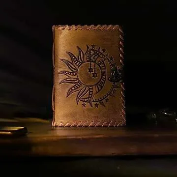Handmade Leather Journal with Sun and Moon Design - Unique and Versatile