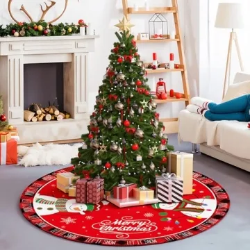 48 Inch Merry Christmas Tree Skirt - Large Red Xmas Tree Skirts Mat Decoration, Cute Winter Snowman Round Skirt for Indoor Outdoor Home Christmas Tree Decorations Holiday Party Decor