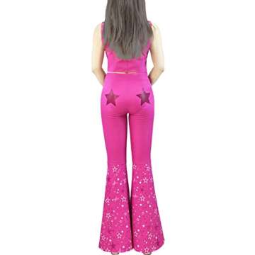 Naywig Cowgirl Outfit 70s 80s Hippie Disco Costume Pink Flare Pant Halloween Cosplay For Women Girls-S