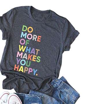 DORFALNE Women's Fun Happy Graphic Tees Summer Cute Round Neck Short Sleeve Letter Printed T-Shirts ...