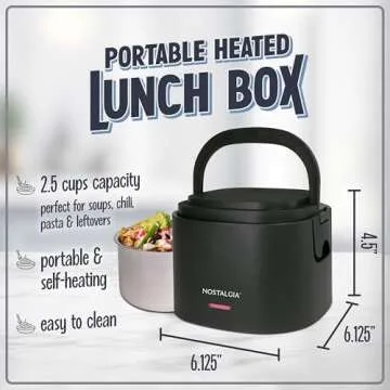Nostalgia Portable 20-Ounce Electric Heated Lunch Box – Travel Size 2.5 Cup Capacity for Soup, Chi...