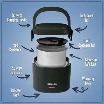 Nostalgia Portable 20-Ounce Electric Heated Lunch Box – Travel Size 2.5 Cup Capacity for Soup, Chili, and Leftovers – Leak Proof Silicone Sealed Lid, Foldable Carry Handle, Detachable Cord – Black
