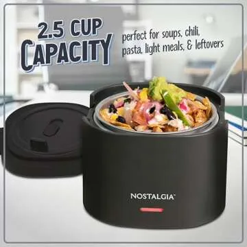 Nostalgia Portable 20-Ounce Electric Heated Lunch Box – Travel Size 2.5 Cup Capacity for Soup, Chili, and Leftovers – Leak Proof Silicone Sealed Lid, Foldable Carry Handle, Detachable Cord – Black