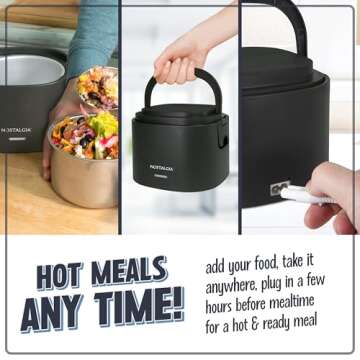 Nostalgia Portable 20-Ounce Electric Heated Lunch Box – Travel Size 2.5 Cup Capacity for Soup, Chili, and Leftovers – Leak Proof Silicone Sealed Lid, Foldable Carry Handle, Detachable Cord – Black