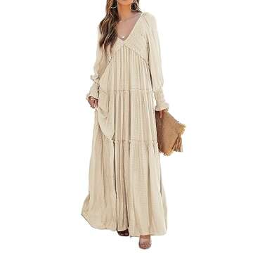 R.Vivimos Maxi Dress for Women Long Sleeve V Neck Empire Waist Layered Ruffle Boho Casual Flowy Long Dresses