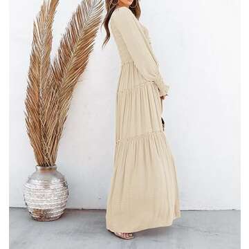 R.Vivimos Maxi Dress for Women Long Sleeve V Neck Empire Waist Layered Ruffle Boho Casual Flowy Long Dresses