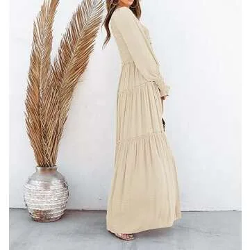 R.Vivimos Maxi Dress for Women Long Sleeve V Neck Empire Waist Layered Ruffle Boho Casual Flowy Long Dresses
