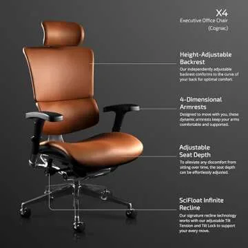 X-Chair X4 High End Executive Chair, Cognac Leather with Headrest - Ergonomic Office Seat/Dynamic Variable Lumbar Support/Floating Recline/Stunning Aesthetic/Adjustable/Perfect for Office or Boardroom