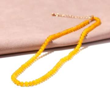 Lightock Simple 4mm Gemstones and Crystals Beaded Necklace Adjustable Choker Necklaces for Women Gifts (Yellow Agate)