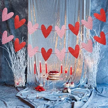 Valentines Heart Banner Red and Pink Glitter Valentines Day Heart Garland,Valentines Heart Decorations for Happy Valentines Day Decorations Valentines Heart Decor