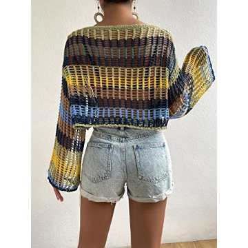 GORGLITTER Women's Colorblock Crochet Beach Cover-Up Top