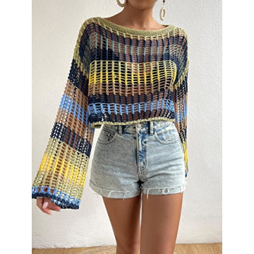 GORGLITTER Women's Colorblock Crochet Beach Cover-Up Top