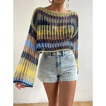 GORGLITTER Women's Colorblock Crochet Beach Cover-Up Top