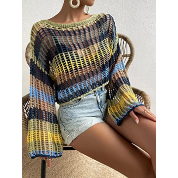 GORGLITTER Women's Colorblock Crochet Beach Cover-Up Top