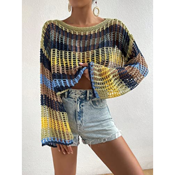 GORGLITTER Women's Colorblock Crochet Beach Cover-Up Top