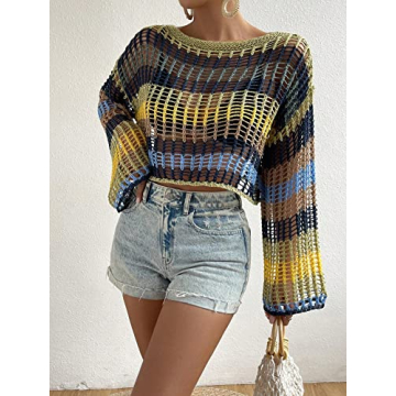 GORGLITTER Women's Colorblock Crochet Beach Cover-Up Top