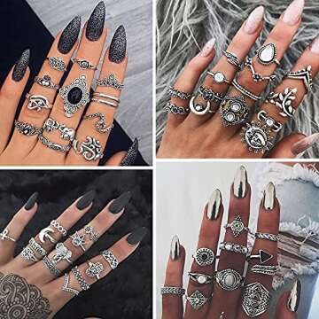 iF YOU 74 PCS Vintage Silver Knuckle Rings Set, Stackable Joint Finger Rings for Women, Bohemian Midi Rings, Boho Butterfly Snake Crystal Stacking Rings Pack
