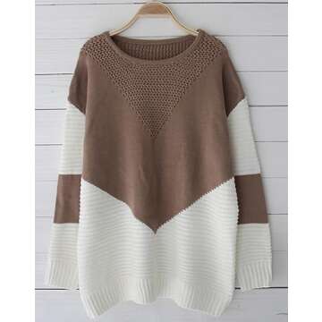 shermie Women's V Shap Colorblock Sweaters Long Sleeve Crew Neck Loose Casual Knitted Pullover Medium Camel