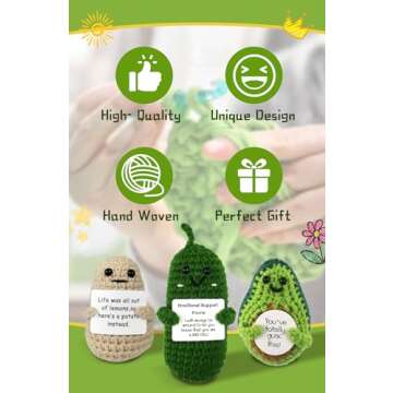 EzKnotify Funny Positive Crochet Potato Emotional Support Gag Gifts with Positive Card, Knitted Cute Dolls for Friends, Parties, Birthdays, Christmas(Potatoes Pickle Avocado)