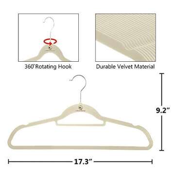 Closet Accessories, Velvet Hangers, Ultra Slim Space Saving, notches, tie bar, Swivel Hook,10 Pack, with 20 Matching Velvet Finger Clips (Ivory)