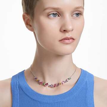 Swarovski Gema Flower Necklace, Earrings, and Bracelet Jewelry Collection with Pink Crystals on a Rhodium Finished Setting