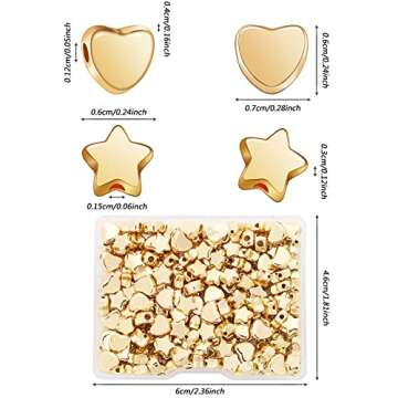 Dremisi 200 Pieces Spacer Beads, 100pcs Heart Beads & 100pcs Star Beads, Heart Shaped Beads Star Spacer Beads Small Hole Loose Beads Gold Plated Metal Beads for DIY Making Earrings Bracelets Necklaces