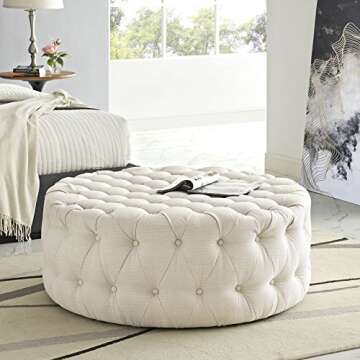 Modway Amour Fabric Upholstered Button-Tufted Round, Ottoman, Beige