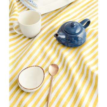 Solino Home Stripe Linen Tablecloth 52 x 52 Inch – 100% Pure Linen Primrose Yellow and White Table...
