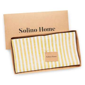 Solino Home Stripe Linen Tablecloth 52 x 52 Inch – 100% Pure Linen Primrose Yellow and White Tablecloth – Farmhouse Square Table Throw for Spring – Amalfi Stripe