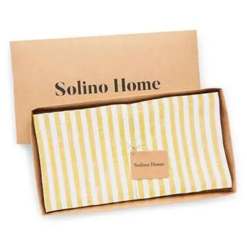 Solino Home Stripe Linen Tablecloth 52 x 52 Inch – 100% Pure Linen Primrose Yellow and White Tablecloth – Farmhouse Square Table Throw for Spring – Amalfi Stripe