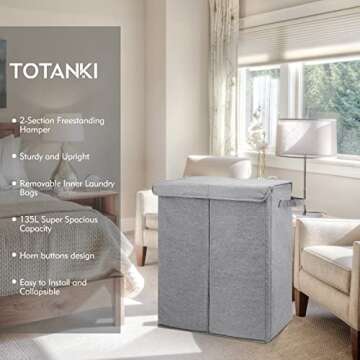 TOTANKI Double Laundry Basket with Removable Bags, 135L 2 Section Large laundry Hamper with Lid, Collapsible Clothes Baske with Handles, Divided Laundry Basket for Bedroom, College, Bathroom (Grey)