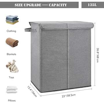 TOTANKI Double Laundry Basket with Removable Bags, 135L 2 Section Large laundry Hamper with Lid, Collapsible Clothes Baske with Handles, Divided Laundry Basket for Bedroom, College, Bathroom (Grey)