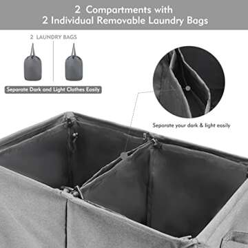 TOTANKI Double Laundry Basket with Removable Bags, 135L 2 Section Large laundry Hamper with Lid, Collapsible Clothes Baske with Handles, Divided Laundry Basket for Bedroom, College, Bathroom (Grey)