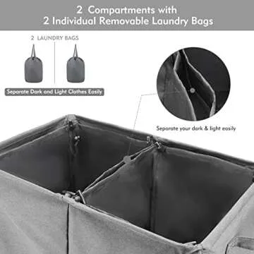 TOTANKI Double Laundry Basket with Removable Bags, 135L 2 Section Large laundry Hamper with Lid, Collapsible Clothes Baske with Handles, Divided Laundry Basket for Bedroom, College, Bathroom (Grey)