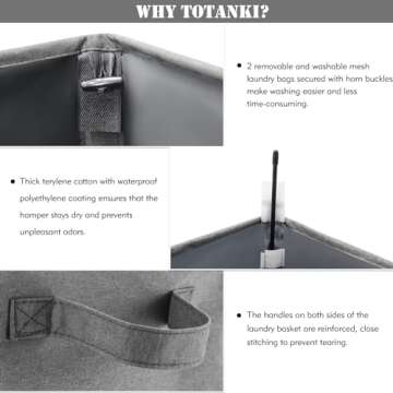 TOTANKI Double Laundry Basket with Removable Bags, 135L 2 Section Large laundry Hamper with Lid, Collapsible Clothes Baske with Handles, Divided Laundry Basket for Bedroom, College, Bathroom (Grey)