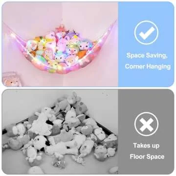 Basumee Stuffed Animals Net or Hammock with LED Light Hanging Toy Net Hammock for Stuffed Animals Storage Stuff Animals Hammocks for Nursery Kids Room with Remote Control, 8 Kinds of Lights(Pack of 1)