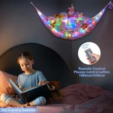 Basumee Stuffed Animals Net or Hammock with LED Light Hanging Toy Net Hammock for Stuffed Animals Storage Stuff Animals Hammocks for Nursery Kids Room with Remote Control, 8 Kinds of Lights(Pack of 1)