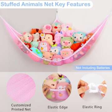 Basumee Stuffed Animals Net or Hammock with LED Light Hanging Toy Net Hammock for Stuffed Animals Storage Stuff Animals Hammocks for Nursery Kids Room with Remote Control, 8 Kinds of Lights(Pack of 1)