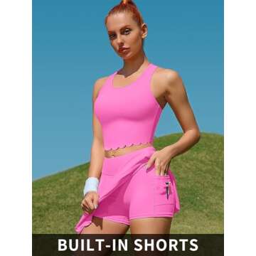 ATTRACO Tennis Sets for Women Outfit with Shorts Underneath Sleeveless Workout Sets Hot Pink M