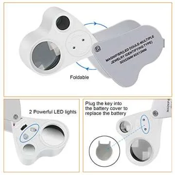 JARLINK 2 Pack 30X 60X Illuminated Jewelers Eye Loupe Magnifier, Foldable Jewelry Magnifiers with Bright LED Light for Gems, Jewelry, Coins, Stamps, etc (White)