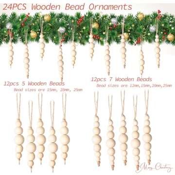 24PCS Wooden Christmas Bead Ornaments for Holiday Decor